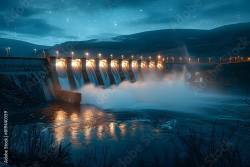 Hydropower dam at night with water flowing, lights and stars twinkling in the sky. Renewable energy technology in harmony with natural beauty