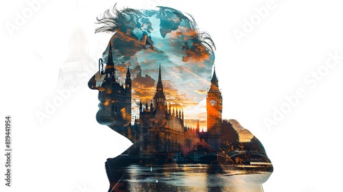An elderly person's silhouette overlaid with iconic landmarks from around the world, symbolizing a lifetime of travel experiences and memories