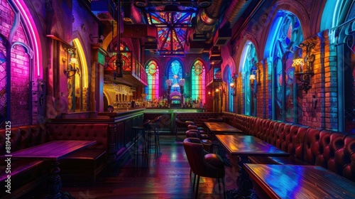 bar interior with bar tables and leather chairs, gothic arches on the wall, stained glass windows in dark colors, neon rainbow light painting on the walls