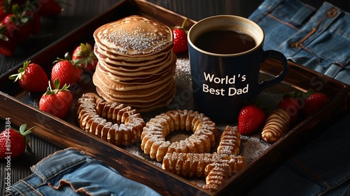 a breakfast tray with a stack of pancakes arranged to spell "World's Best Dad", a mug of rich, dark coffee, and a handful of fresh strawberries