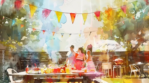 BBQ Party Decor Capture the vibrant atmosphere of a barbecue party with colorful decorations, such as bunting, string lights, and themed table settings