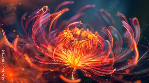 Behold the convergence of form and energy an abstract light flower, its fiery tendrils weaving a tapestry of life's essence.