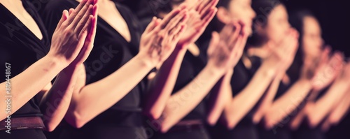 Group of women in black dresses clapping hands in unison, celebrating an event or performance, showing joy and appreciation.