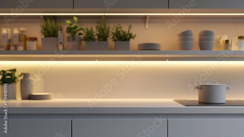 Modern kitchen interior with white cabinets and glowing shelves, evening lighting, closeup. Minimalist design concept. . Shot by Nikon D850 using high quality DSLR