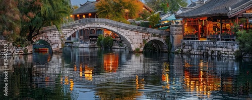 Canal Boat Rides Showcase the unique experience of canal boat rides in Lijiang Old Town with images of visitors cruising along ancient waterways, passing under stone bridges, and admiring the reflecti