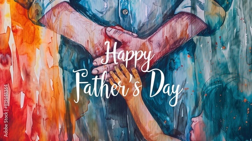 A warm, watercolor-inspired painting of a father and child's hands embracing, with the text "Happy Father's Day" in a calligraphic style