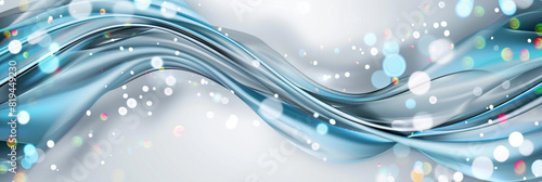 An abstract wavy background in cool blue and silver, accented by multicolor blur bokeh lights for a wintry feel over a white background.