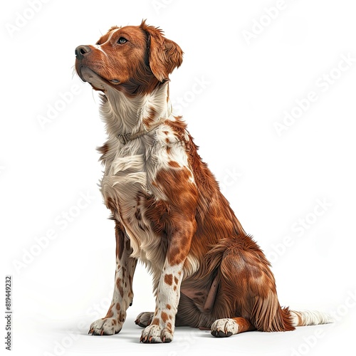 photorealistic brittany Dog sitting,front view full body, montage photography