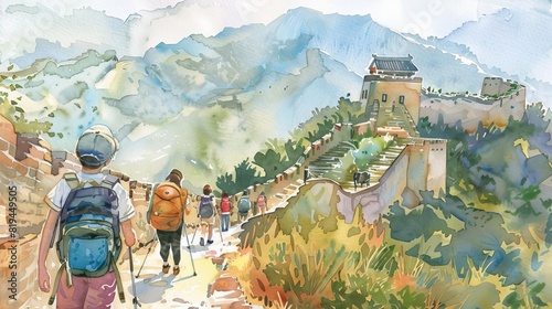 Cultural Immersion Highlight the cultural immersion aspect of Great Wall hiking, with images of hikers interacting with local villagers, sampling traditional cuisine, and participating in cultural act