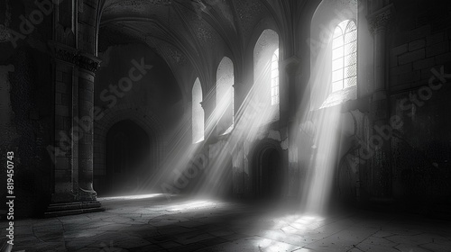 Sunlit Gothic Cathedral Interior,A dramatic interior shot of a Gothic cathedral with beams of sunlight streaming through tall arched windows, highlighting the architectural grandeur.