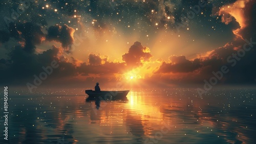 Lone boatman rows on serene sea at sunset under starry sky