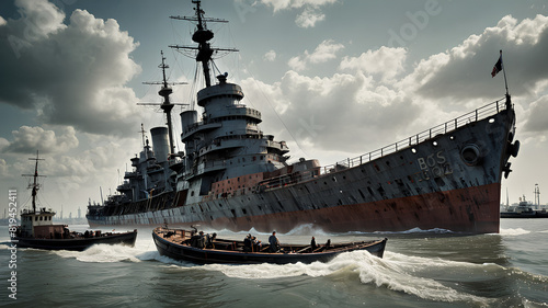 AI image generate of a warship being towed by a tug boat