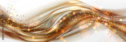 An abstract wavy background in gold and brown, with warm autumnal multicolor blur bokeh lights over a white background.