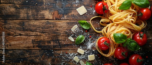 Rustic Wooden Background with Fresh Pasta, Tomatoes, Basil, and Parmesan Cheese