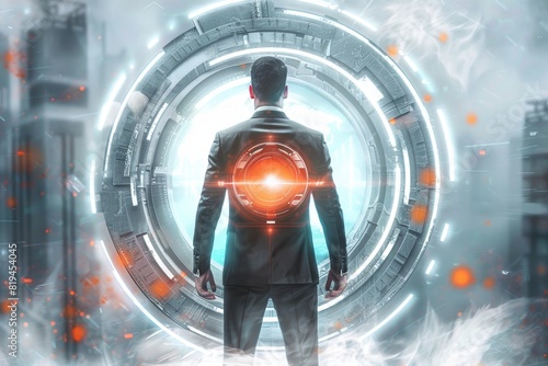 Futuristic man in suit facing digital portal with glowing lights, representing technology, innovation, and sci-fi concepts.
