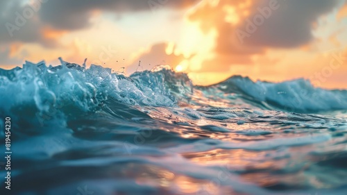Ocean waves at sunset with orange and teal hues