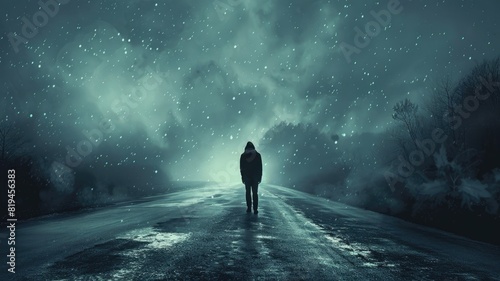 Person walking alone on dark, snowy road under starry sky