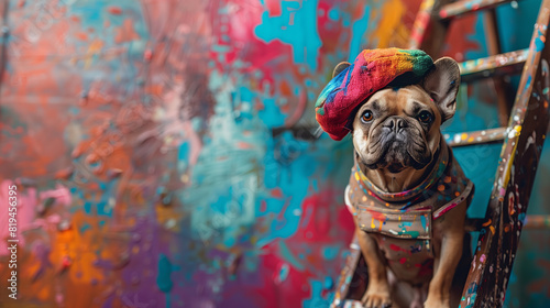 A French Bulldog wearing a painter's beret and smock stands on a ladder in front of a large canvas. 