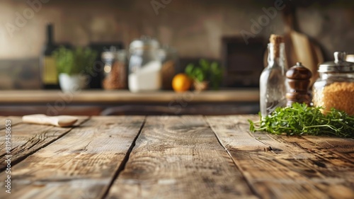 Rustic wooden kitchen table with herbs and spices Blurred background