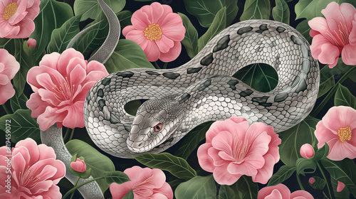 A realistic illustration of a gray and white snake slithering through a bush of pink and white flowers.