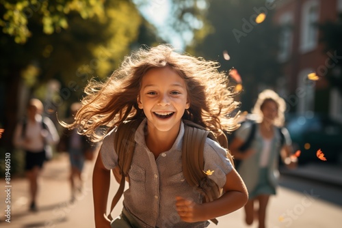 Niña con mochila, estudiante, corriendo y sonriendo en la calle. Concepto de último día de clases y vacaciones de verano.