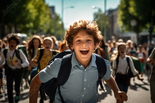 Niño con mochila, estudiante, corriendo y sonriendo. Concepto de último día de clases y vacaciones de verano.