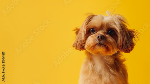 A small brown dog with long hair is sitting against a yellow background looking up at the camera.
