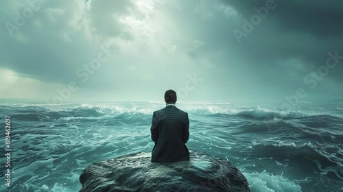 surreal businessman sitting on stone amidst vast ocean contemplating lifes challenges digital concept illustration