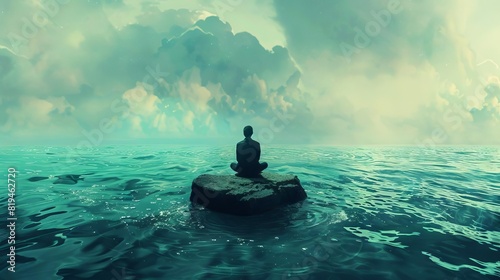 surreal businessman sitting on stone amidst vast ocean contemplating lifes challenges digital concept illustration