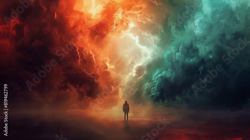 surreal heaven and hell conceptual illustration dramatic contrast between divine light and infernal darkness