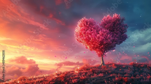 surreal pink heartshaped tree in dreamy sunset landscape love and romance concept digital painting