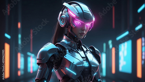 A futuristic robot figure in sleek dark metallic armor with glowing orange accents stands in a dimly lit environment and a helmet with a glowing visor
