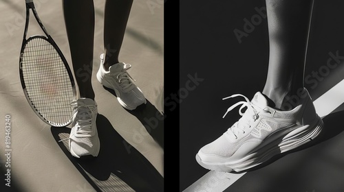 tenniscore aesthetics spotlight stylish racquet and sneakers closeup club bench textures