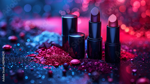 Makeup products dark background. Beauty professional makeup, lipstick cosmetic products background illustration. Various makeup products wallpaper