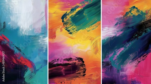 vibrant abstract art triptych colorful contemporary paintings with expressive brushstrokes digital illustration