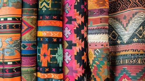 vibrant peruvian textiles colorful handwoven fabrics with intricate geometric patterns closeup photo