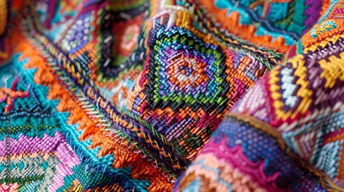 vibrant peruvian textiles colorful handwoven fabrics with intricate geometric patterns closeup photo