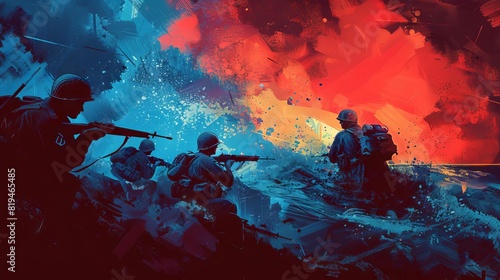 vibrant red and blue illustration celebrating the 1944 dday landings in normandy digital painting