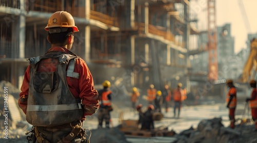 A construction worker wearing safety gear stands in the foreground, looking at workers on an active building site in the background. 