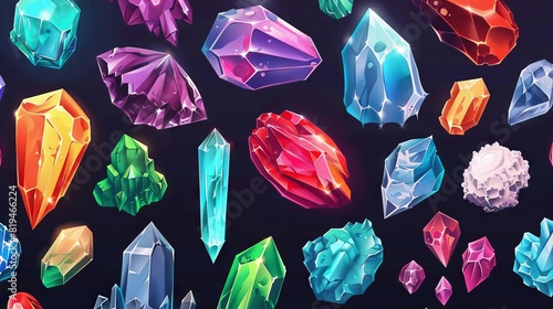 whimsical assortment of colorful cartoon gemstones and crystals on black background fantasy digital illustration