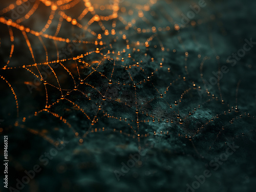 Halloween creepy spider web. Creepy spider web with drops of dew, spooky cobweb wallpaper illustration. Moody spiderweb scary background