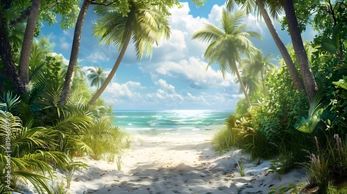 A tropical beach scene with palm trees and white sand, overlooking the ocean. A softly focused background of trees. The sunlight creates a warm atmosphere. 