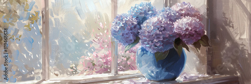 a large blue vase with hydrangeas is placed on the windowsill, generative AI