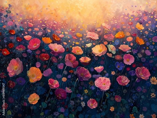 Sunrise over a flower field, dewy petals, soft light, impressionist style, from above , hyper detailed