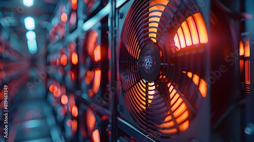 Closeup of fans in an interior data center, symbolizing the cool air flow. precise temperature control and energy efficiency in a high-tech environment. 