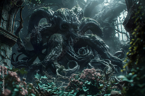 Twisted Eldritch Landscape of Abyssal Flora and Fauna in Hades-Inspired Tableau