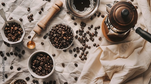 Rustic Coffee Lover's Delight - Creative flat lay of coffee beans, French press, grinder, and accessories on textured tablecloth for cozy caffeine bliss