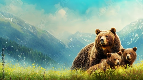 Eyecatching Mother Bear and Cubs Enjoying Nature in a Green Meadow Wildlife Family Portrait