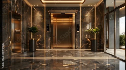 The resort hotel hall elevator entrance had dark brown marble walls with gold highlights and white floor tiles. 