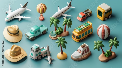 Discover our dynamic set of 3D travel tourism icons, tailored for planning trips and world tours. This collection includes symbols of adventure and transport